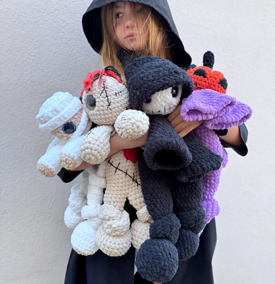 4-in-1 Halloween Crochet Pattern Snuggler – Grim Reaper, Mummy, Voodoo Doll