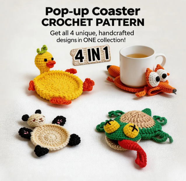 4-in-1 Pop-Up Coaster Crochet Pattern Bundle