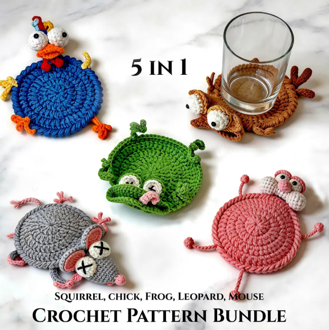 5-in-1 Popping Coaster Crochet Pattern Bundle